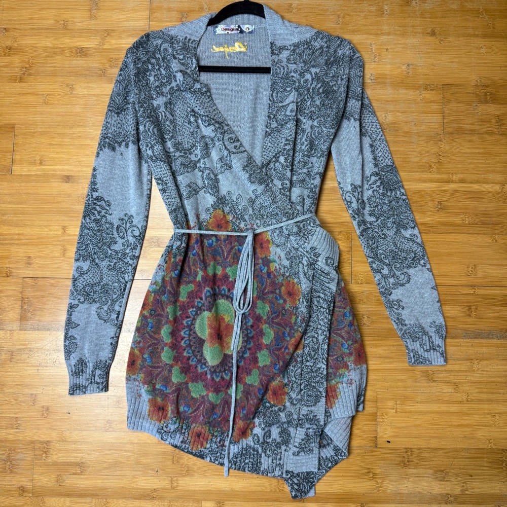 Desigual Women's Gray Knit Cardigan Wrap Tie Floral‎ Medallion Boho Chic Size S